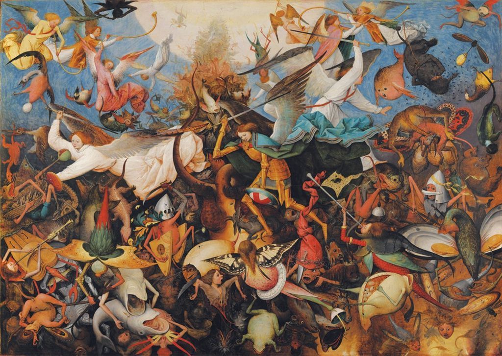 A chaotic battle scene with angels fighting bizarre, fantastical demonic creatures in a surreal landscape.