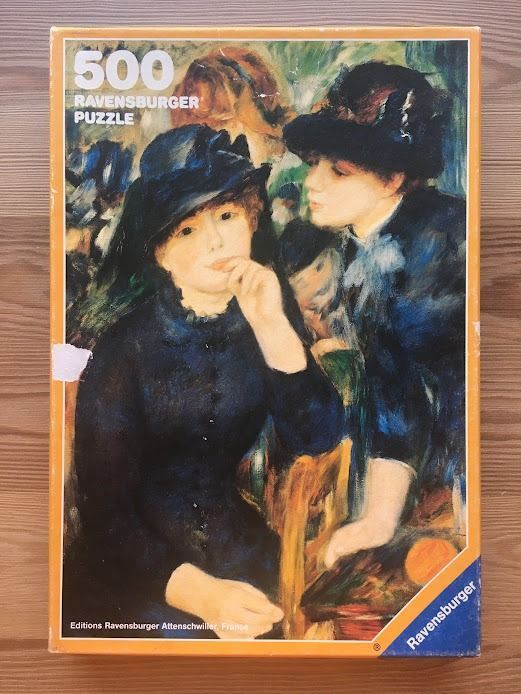 Impressionist painting of two women in dark hats and dresses seated together.