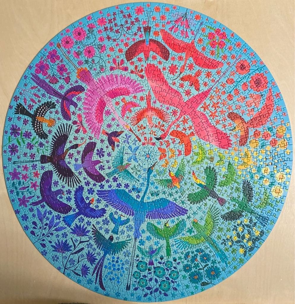 A circular illustration of birds and flowers arranged in a vibrant color wheel against a light blue background.