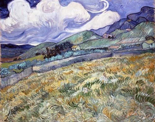 A landscape oil painting featuring a wavy golden wheat field, rolling green hills, and swirling clouds in a blue sky.
