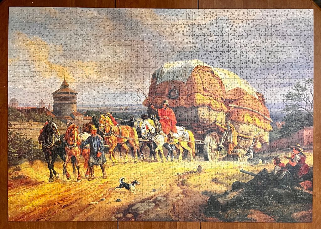 An 18th-century scene of a horse-drawn wagon loaded with hay passing a medieval tower in a rustic landscape.
