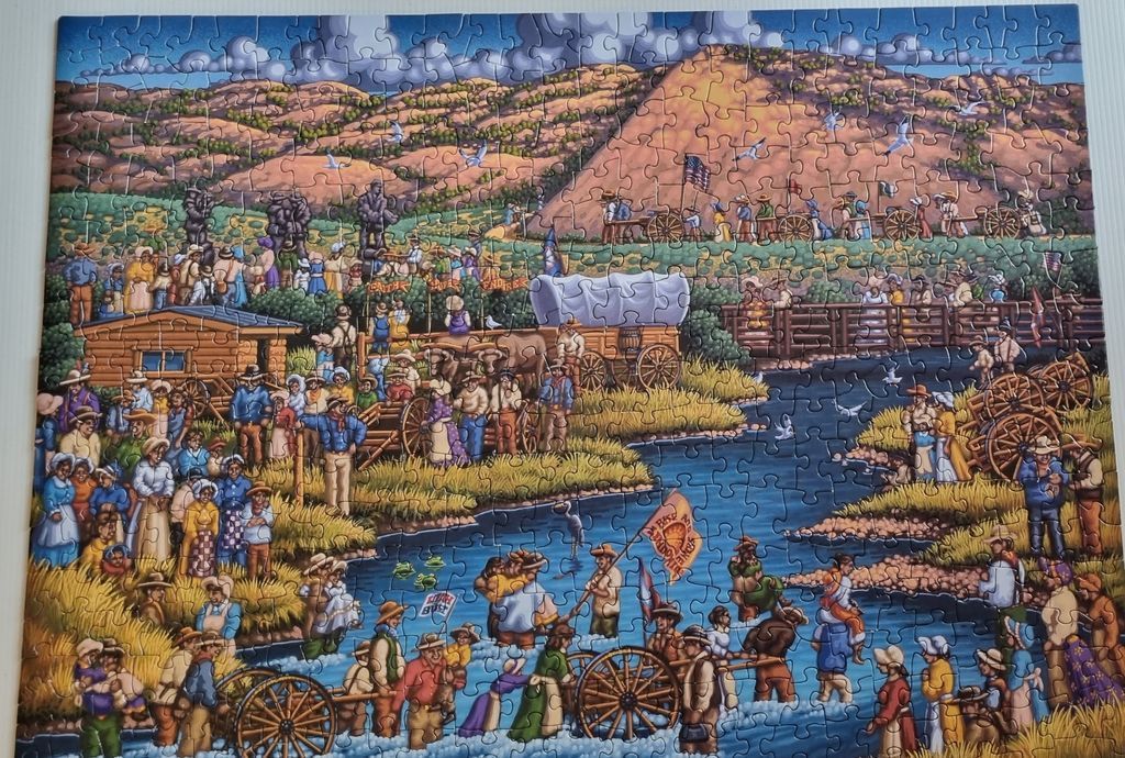 An illustration of pioneer settlers crossing a river with covered wagons against a backdrop of rolling hills.