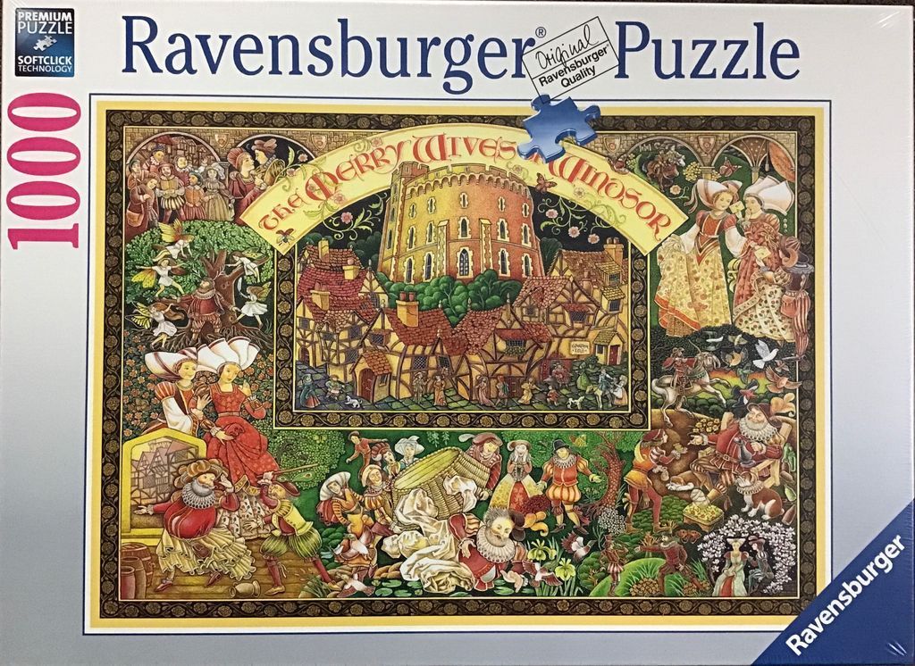 Illustrated scene depicting The Merry Wives of Windsor with Elizabethan characters, architecture, and woodland elements.