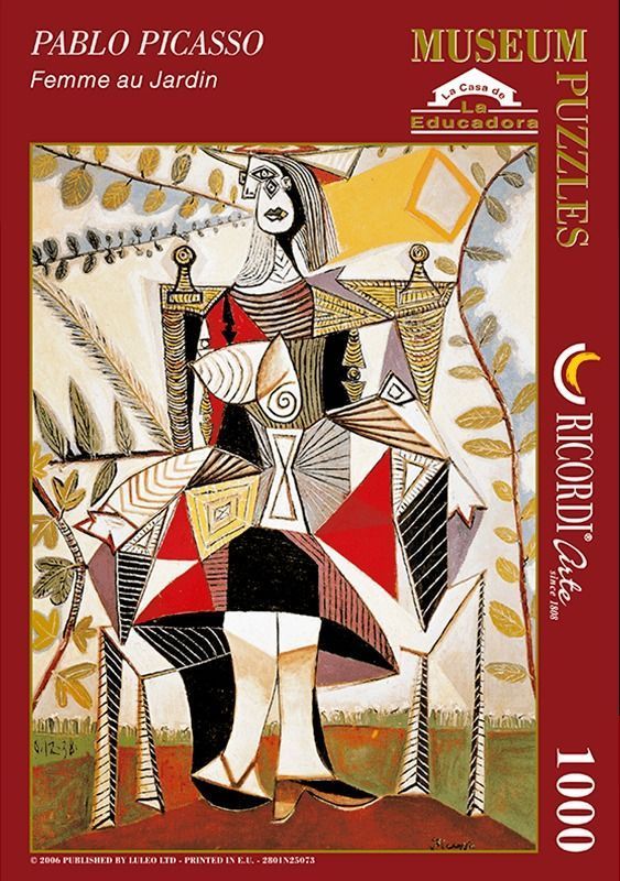 Femme au Jardin by Pablo Picasso, a cubist portrait of a seated woman in a garden with geometric shapes and bold lines.