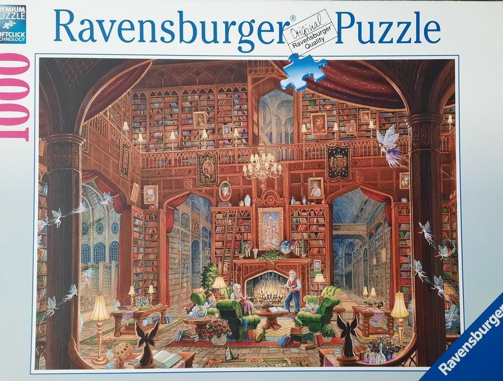 A cozy, two-story fantasy library scene with wooden architecture, a fireplace, and small fairies flying around.