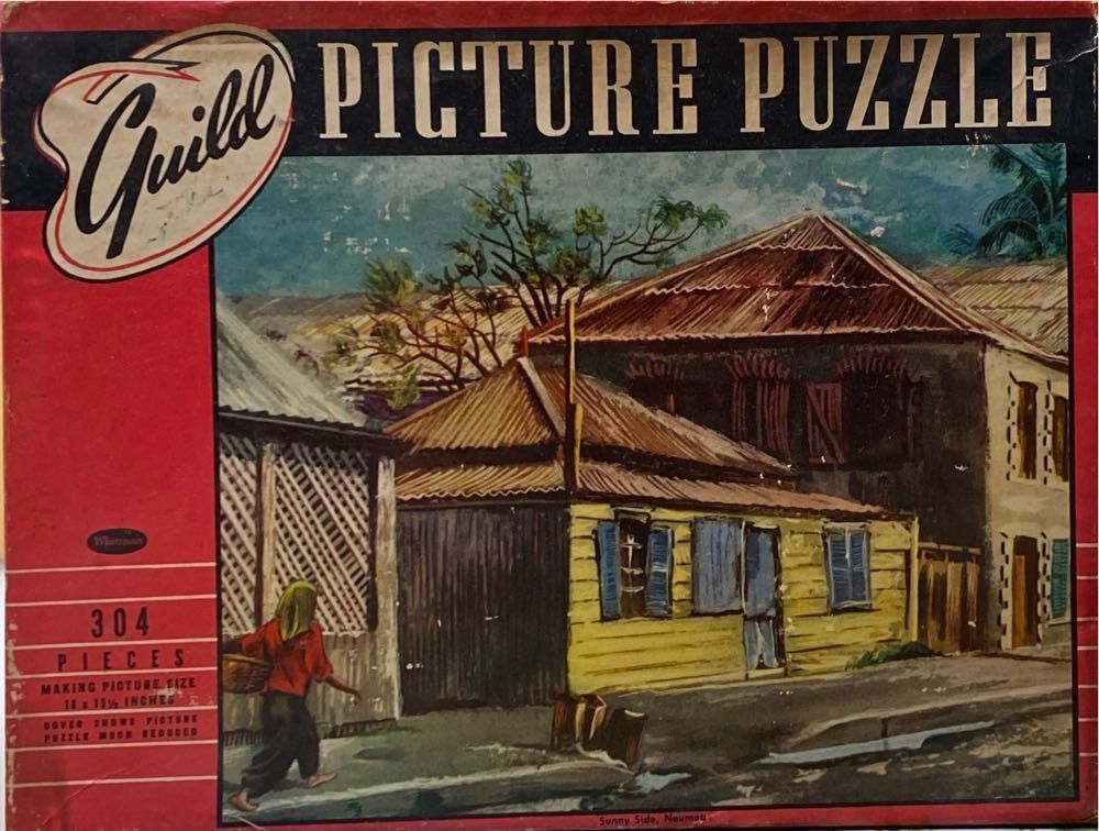 A vintage painting of a yellow house in Noumea with a woman walking along the street.