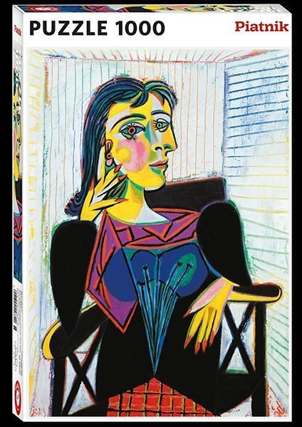 Cubist-style portrait of a woman sitting in a chair, with sharp geometric lines and vibrant, contrasting colours.
