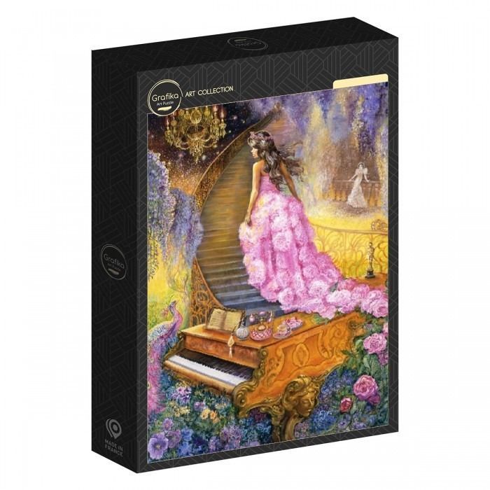 A woman in a frilly pink gown walking up a grand staircase toward a piano in a whimsical, magical garden setting.