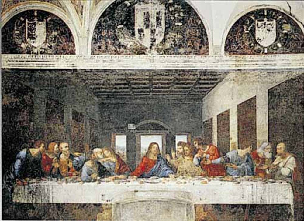 The Last Supper mural depicting thirteen figures seated at a long table in a high-ceilinged room.