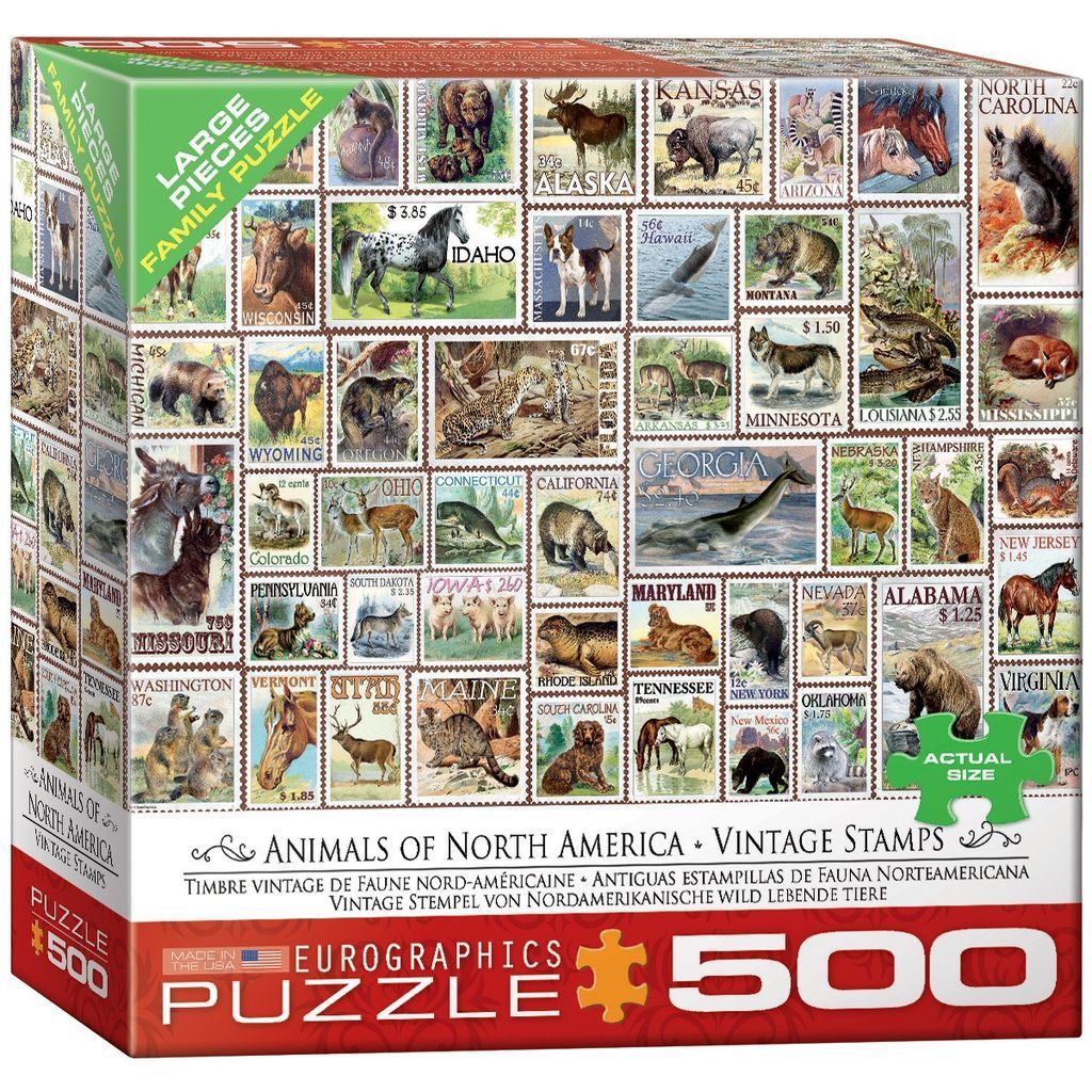 A collage of vintage-style postage stamps featuring various North American animals.