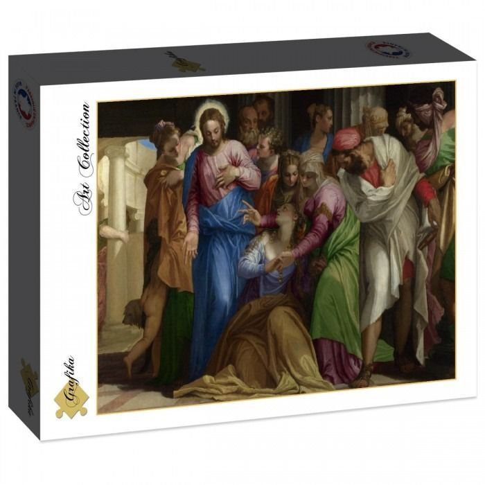 Classical oil painting depicting a biblical scene of Christ interacting with a kneeling woman surrounded by figures.