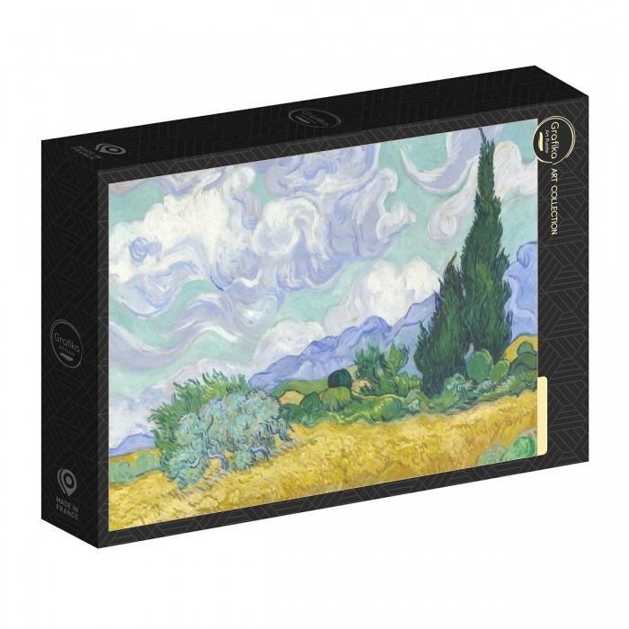 A post-impressionist oil painting depicting a golden wheat field, a tall cypress tree, and swirling light blue clouds.