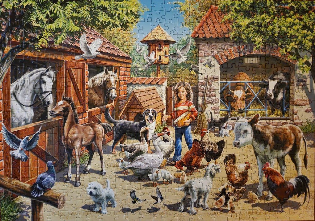 A sunny farmyard scene with a young girl surrounded by horses, cows, dogs, poultry, and birds.