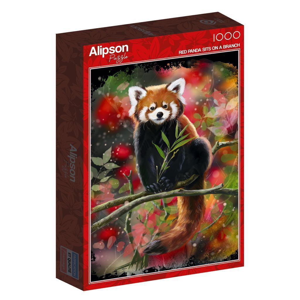 A digital painting of a red panda sitting on a tree branch against an abstract, colourful forest background.