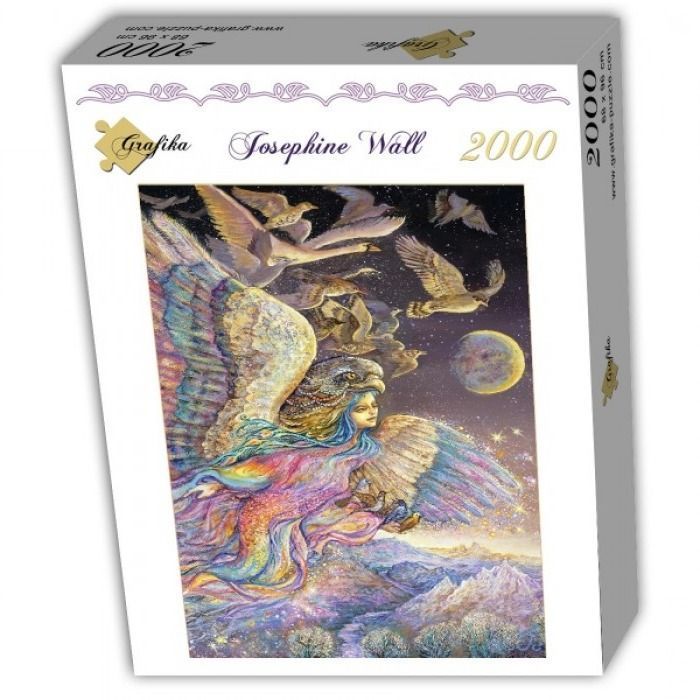 A fantasy illustration of a winged woman with an eagle headpiece flying over a moonlit mountain landscape.