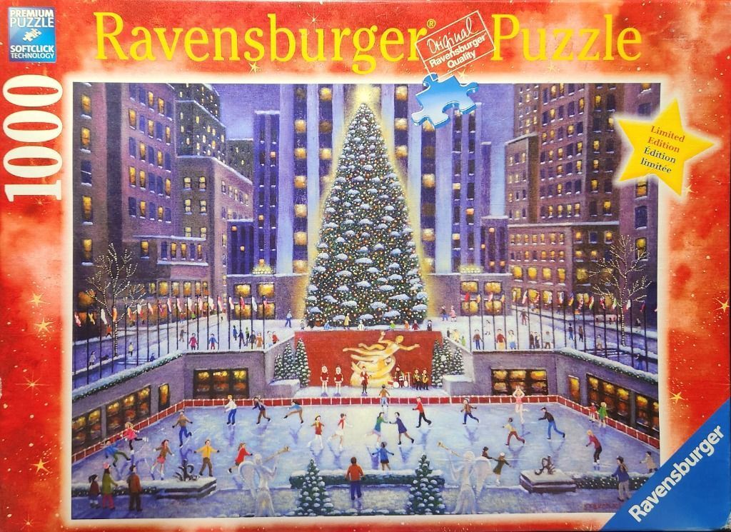 A painted illustration of the Rockefeller Center ice rink at Christmas with a large tree and the golden statue.