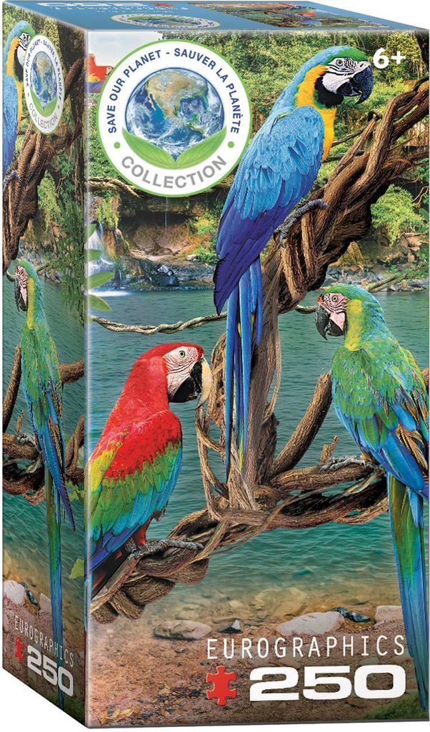 Three vibrant macaws of different colors perched on a thick tree branch overlooking a tropical river and waterfall.