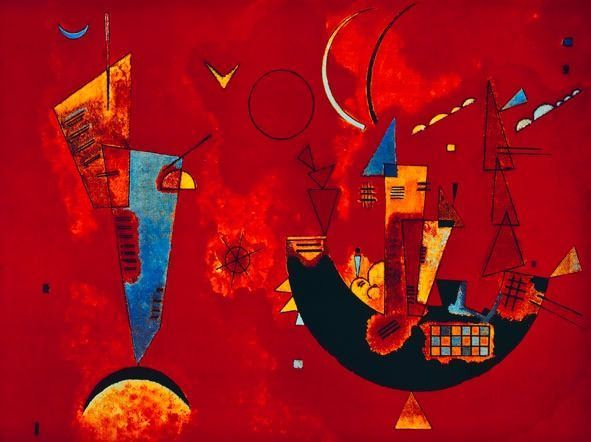 An abstract composition featuring geometric shapes and celestial forms against a vibrant red background.