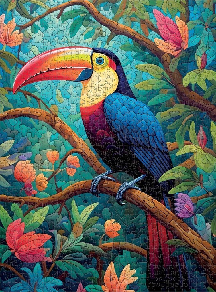 A vibrant illustration of a toucan perched on a tree branch surrounded by lush foliage and tropical flowers.