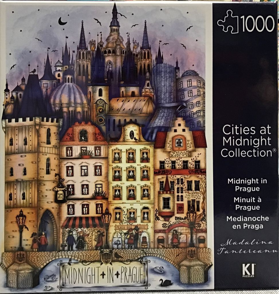 Whimsical illustration of the Prague skyline at night with historic buildings and a stone bridge.
