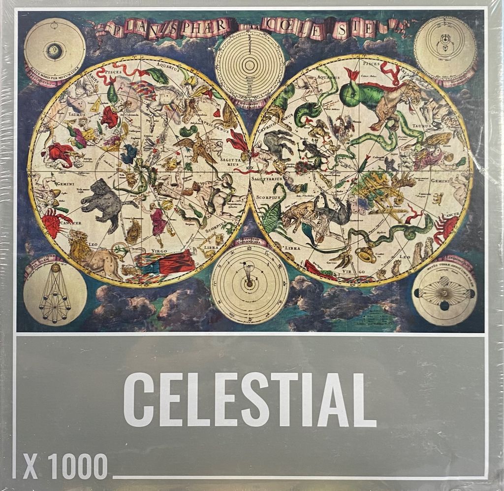 Antique dual-hemisphere celestial planisphere map featuring zodiac signs and mythical constellations.