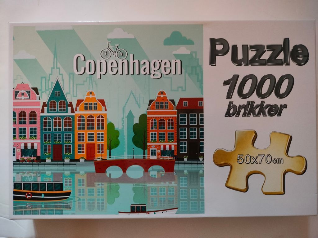 Stylized illustration of colorful canal-side buildings in Copenhagen with a bridge and boats on the water.