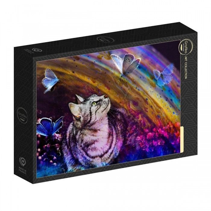 A tabby cat gazing up at three iridescent blue butterflies against a swirling rainbow-colored cosmic backdrop.