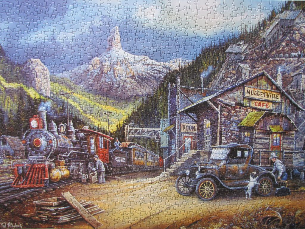 Painting of a steam train arriving at a rustic mountain town called Nuggetville
