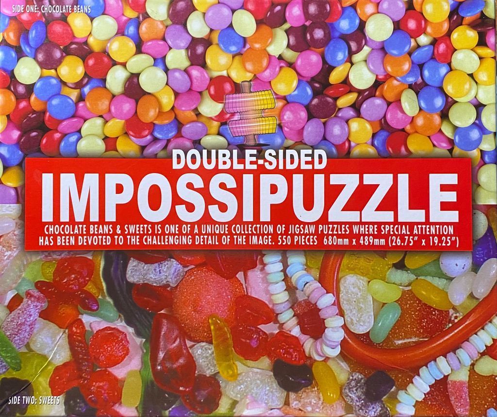 A close-up collage showing a top section of multicolored chocolate-coated candy pieces and a bottom section of various sugar-