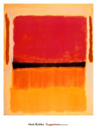 An abstract painting with stacked rectangular bands of red, black, orange, and yellow against a pale background.