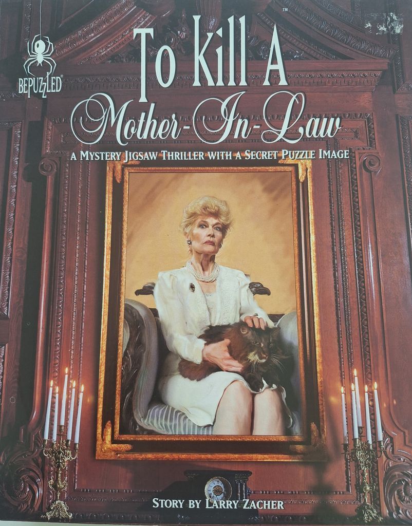 A portrait of a stern-looking older woman in a white suit holding a dark cat, framed within a dark wood-paneled room.