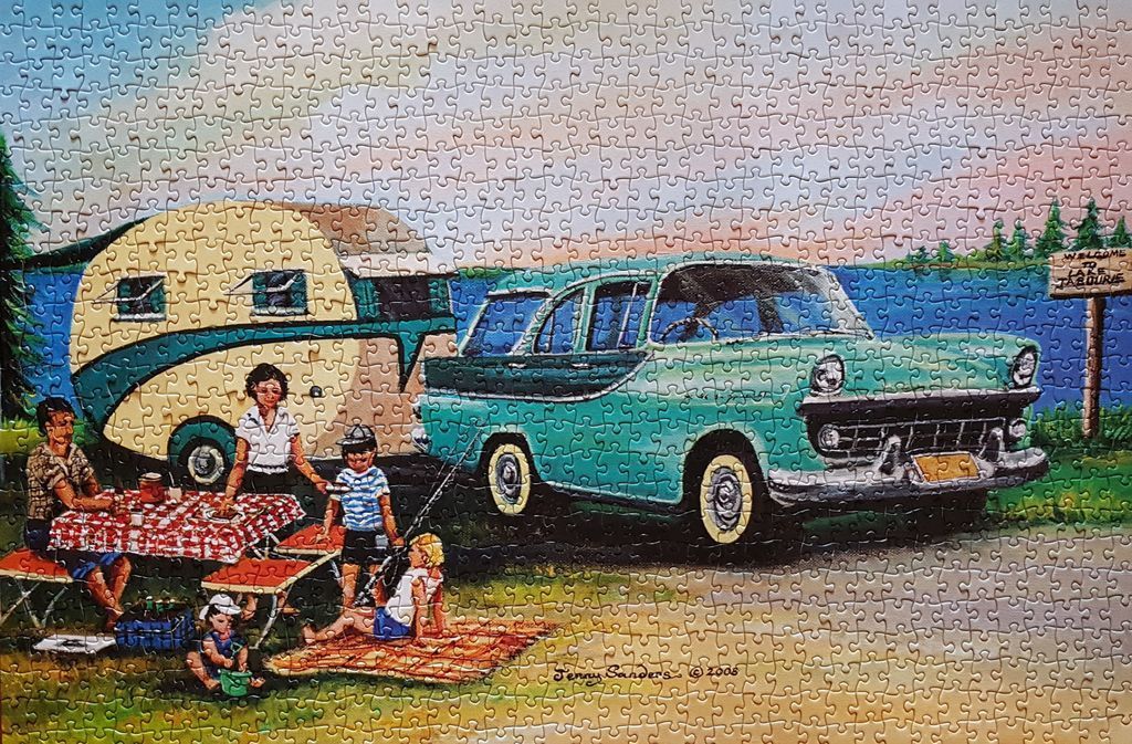 Vintage illustration of a family camping by a lake with a classic car and trailer.