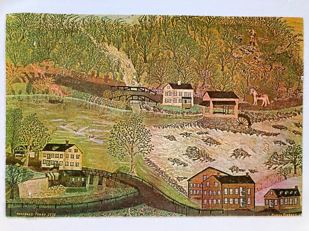 A folk art painting of Coryell's Ferry in 1776, featuring rustic houses, a water mill, and a wooded hillside.