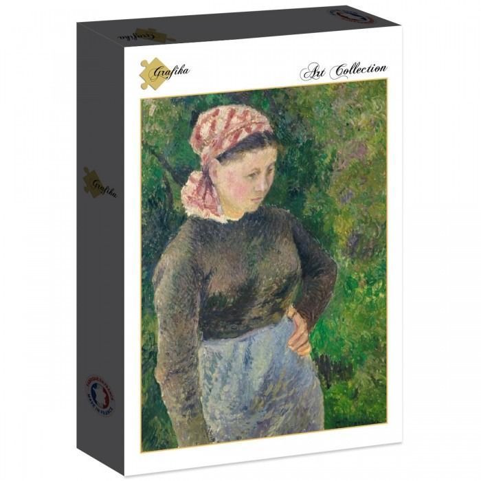 Impressionist painting of a young woman with a pink headscarf standing in a garden.