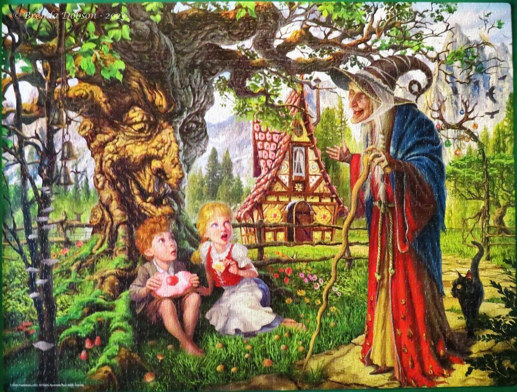Fantasy illustration of an old witch confronting two children under a large gnarled tree near a cottage.