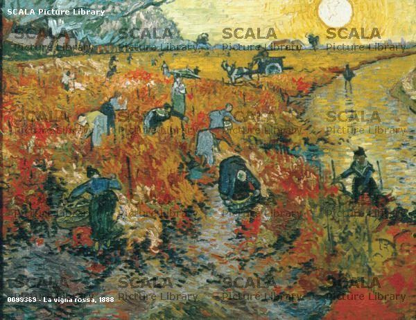 A post-impressionist oil painting of people harvesting grapes in a vibrant red vineyard at sunset.