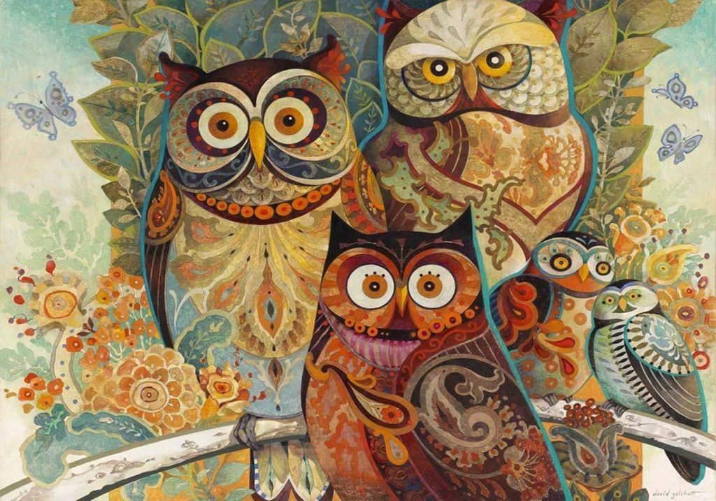 A whimsical illustration of four decorative, patterned owls perched together among stylized foliage and butterflies.