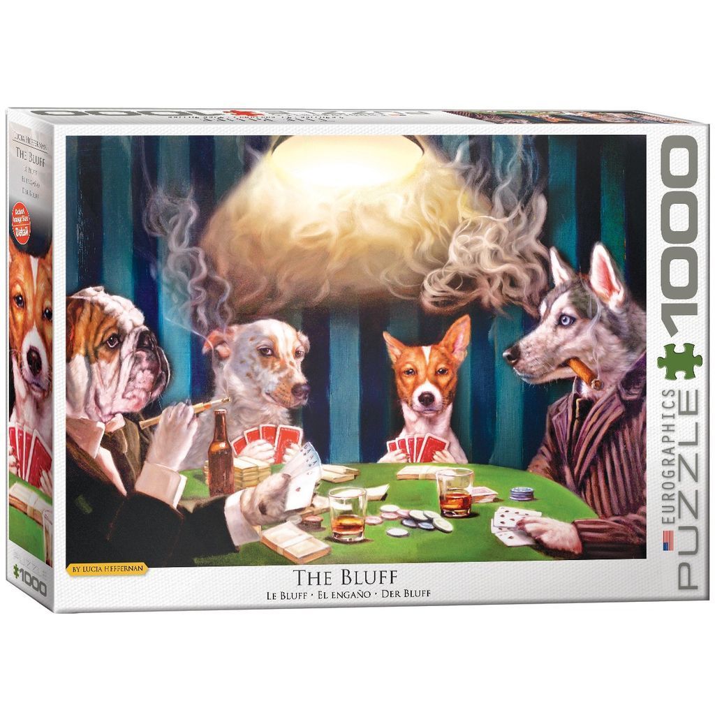 Painting of four dogs sitting around a green card table playing poker in a dimly lit, smoky room.