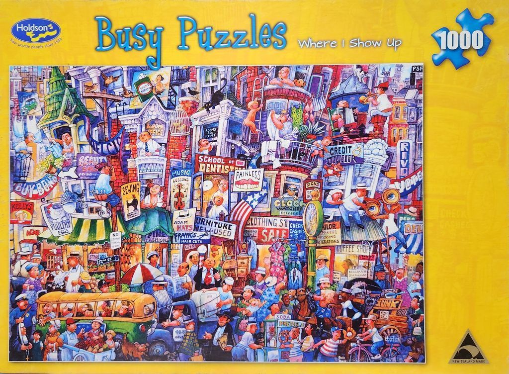 A crowded cartoon street scene featuring various city shops, people, and comedic activity.