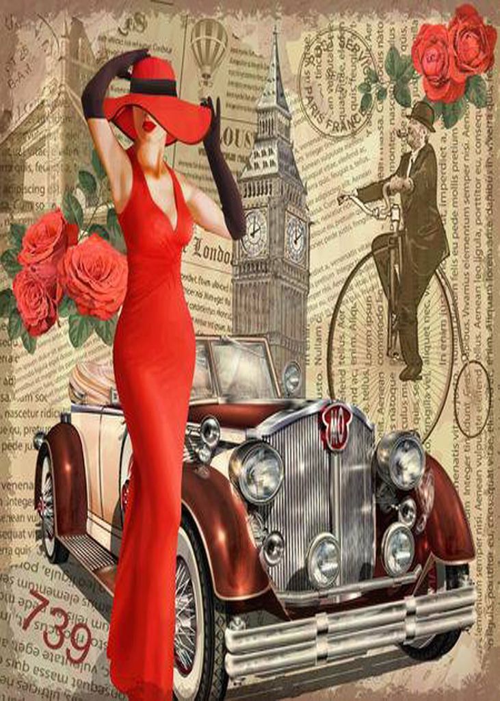 A woman in a red gown stands before a vintage car with Big Ben and a man on a penny-farthing in the background.