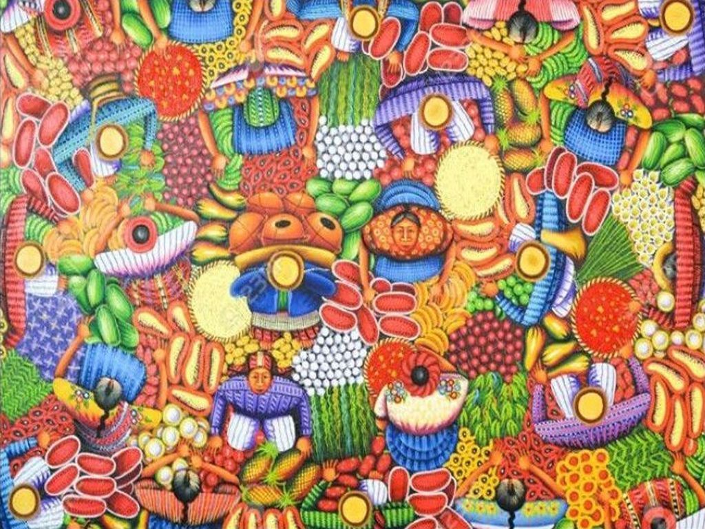 A vibrant, overhead-view folk art painting of a busy outdoor marketplace featuring numerous figures surrounded by produce.