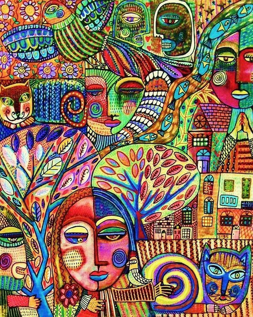 A vibrant, expressionist-style illustration featuring stylized faces, animals, trees, and buildings.