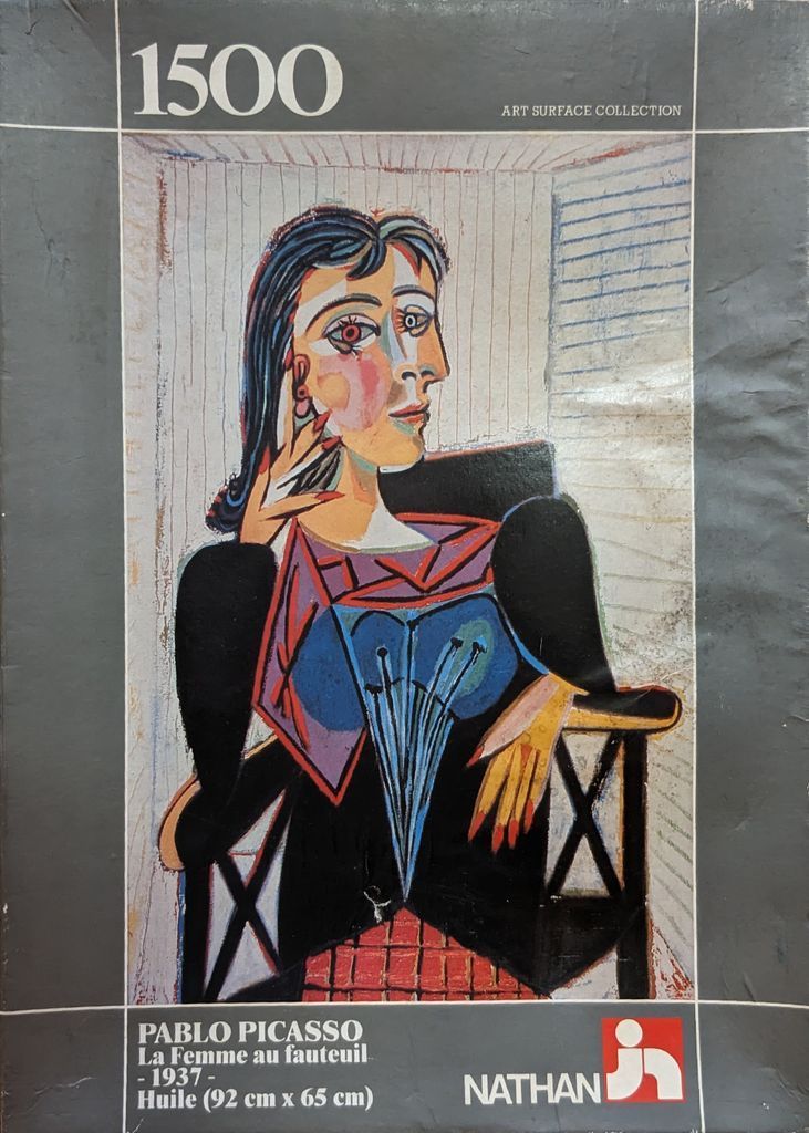 A cubist-style painting of a woman sitting in a chair, with fragmented facial features and bold, stylized clothing.