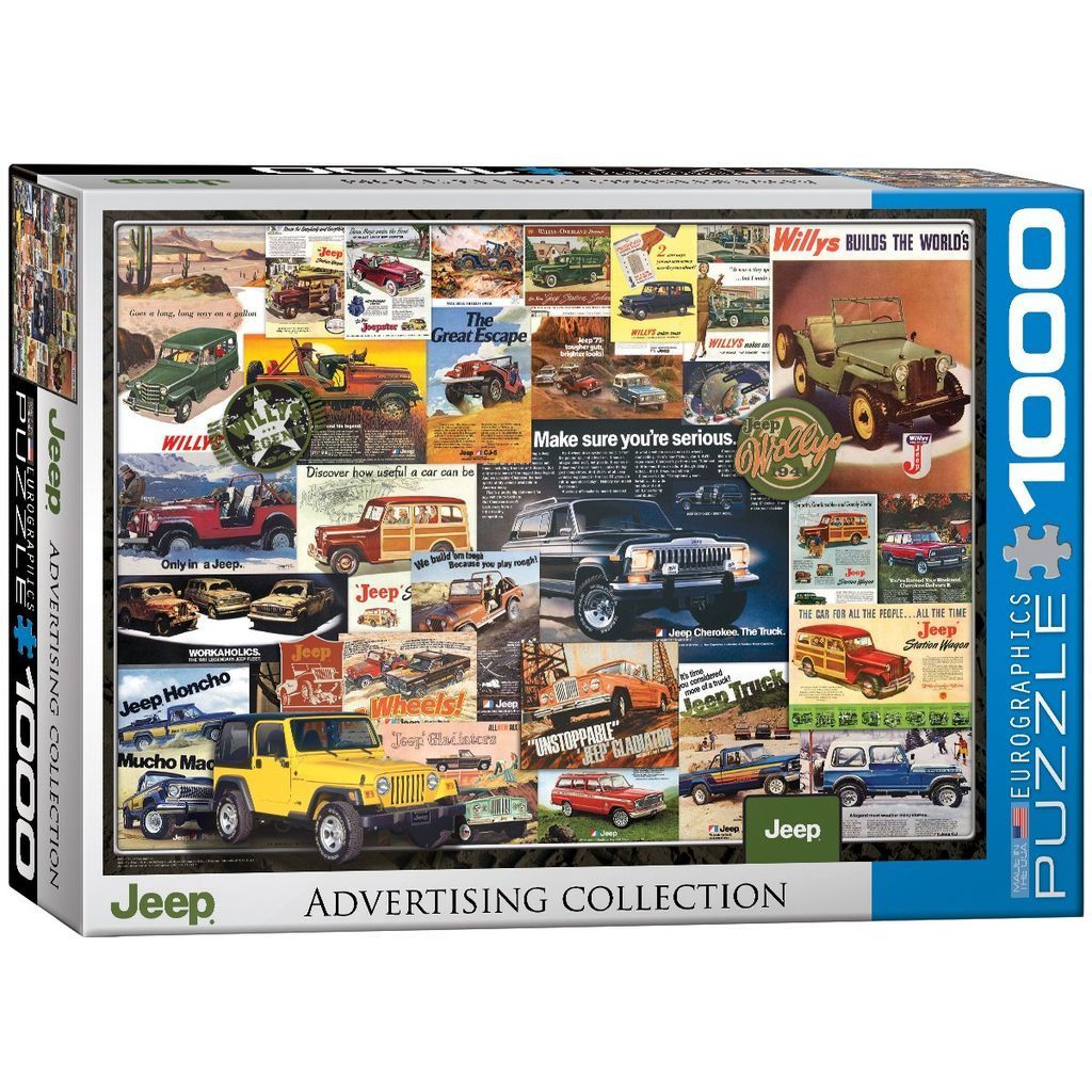 A collage of vintage and classic Jeep vehicle advertisements and promotional artwork.