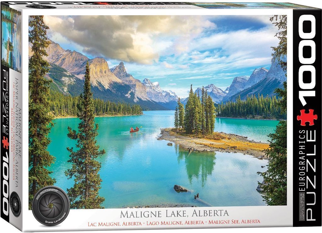 A scenic photograph of Maligne Lake in Alberta, Canada, with a red canoe, evergreen trees, and snow-capped mountains.