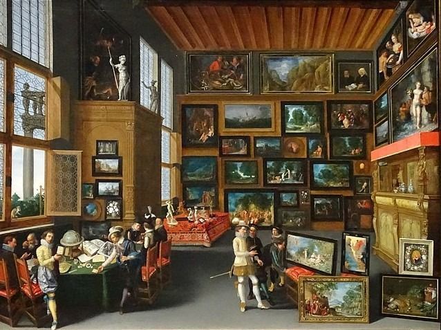 A Renaissance-style gallery filled with numerous paintings and scholars gathered around a table.