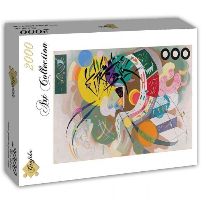 Abstract painting in the style of Wassily Kandinsky featuring geometric shapes, organic lines, and vibrant colors.