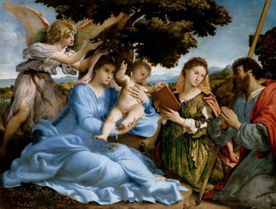 Religious painting featuring the Virgin Mary, the Christ Child, an angel, Saint Elizabeth, and Saint John the Baptist.