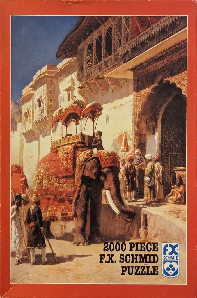 Oil painting of a caparisoned elephant with mahout arriving at an ornate Indian palace courtyard.