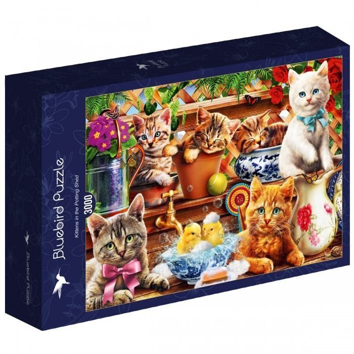 Several kittens playing in a garden potting shed among flowers and ceramics.